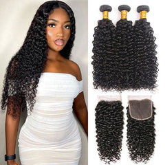 Black Curly Hair 3 Bundles with 4x4 Lace Closure 100% Virgin Human Hair Weave