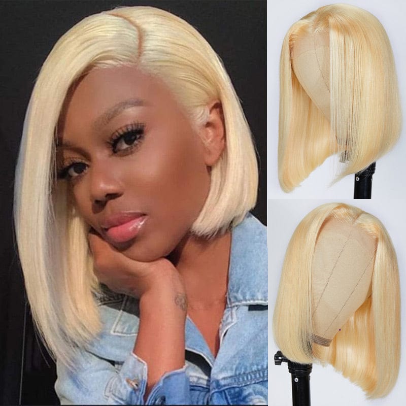 Honey Blonde 613 Short Bob Wigs Bone Straight Human Hair Lace Frontal Wig