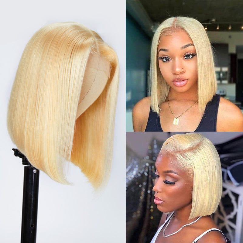 Honey Blonde 613 Short Bob Wigs Bone Straight Human Hair Lace Frontal Wig