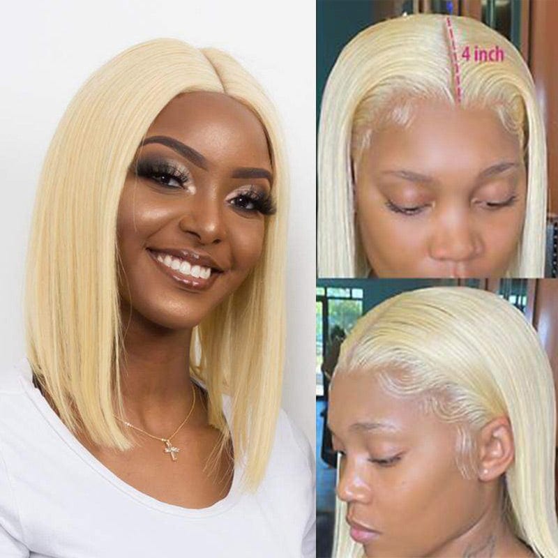 Honey Blonde 613 Short Bob Wigs Bone Straight Human Hair Lace Frontal Wig