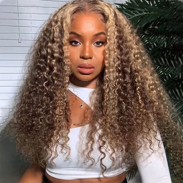 Ombre Hair Lace Closure Wig Pre Plucked Jerry Curl Honey Blonde Highlight Front Wigs