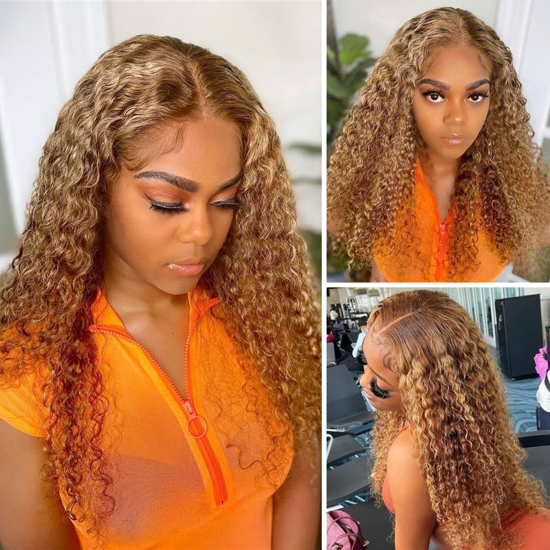 Ombre Hair Lace Closure Wig Pre Plucked Jerry Curl Honey Blonde Highlight Front Wigs