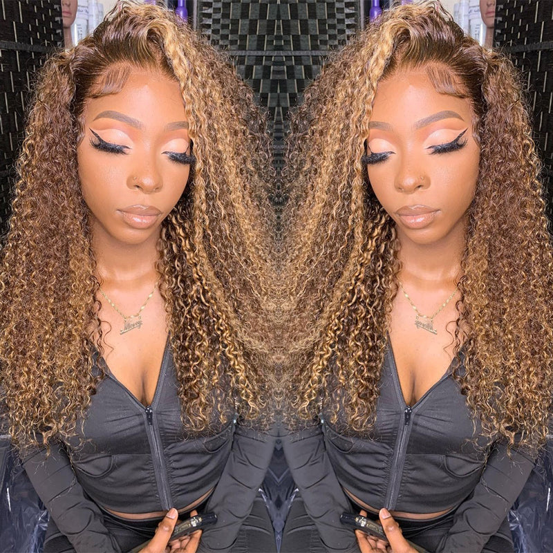 Ombre Hair Lace Closure Wig Pre Plucked Jerry Curl Honey Blonde Highlight Front Wigs