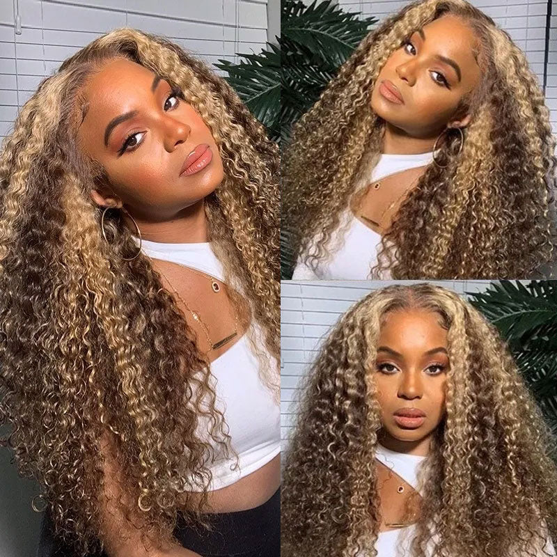 Ombre Hair Lace Closure Wig Pre Plucked Jerry Curl Honey Blonde Highlight Front Wigs