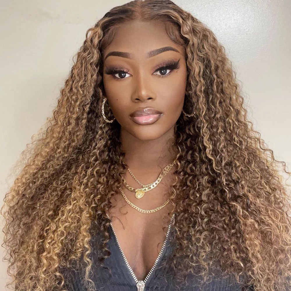 Ombre Hair Lace Closure Wig Pre Plucked Jerry Curl Honey Blonde Highlight Front Wigs