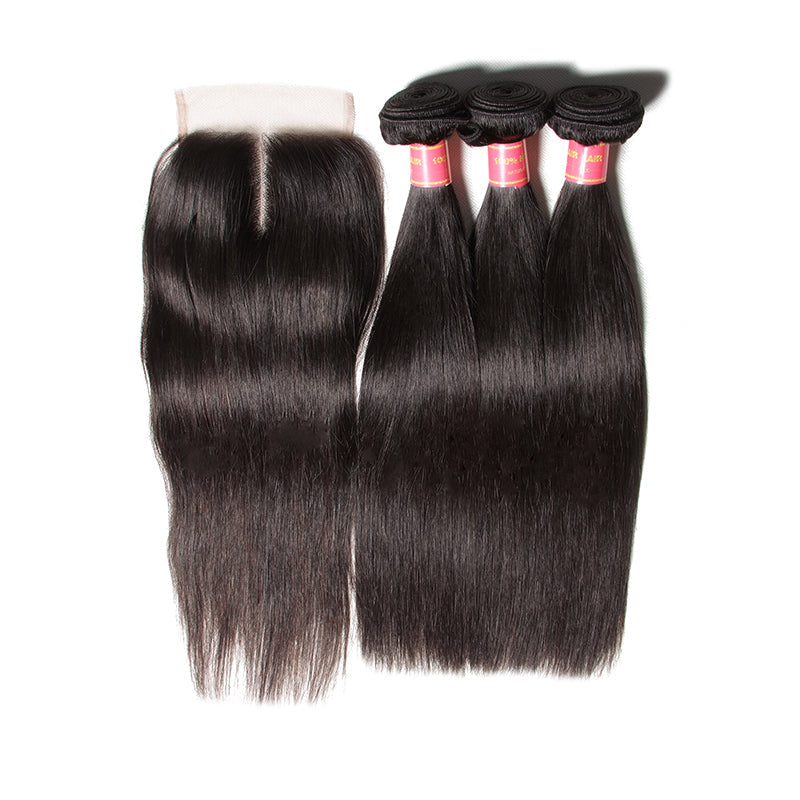 13A Silky Straight 3 Bundles With 4x4 Lace Closure Human Hair Weaves Virgin Silky Straight