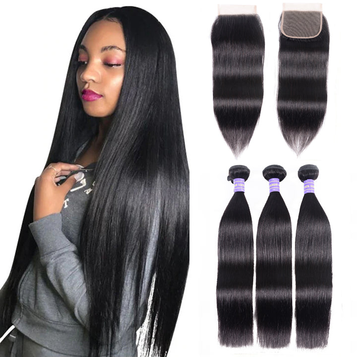 15A Silky Straight Hair 3 Bundles Remy Human Hair with 4x4 Swiss Lace Closure