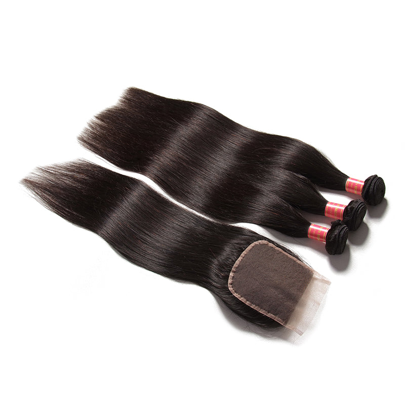 13A Silky Straight 3 Bundles With 4x4 Lace Closure Human Hair Weaves Virgin Silky Straight