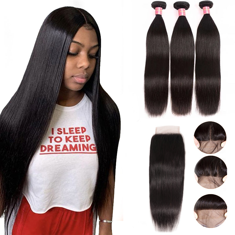 13A Silky Straight 3 Bundles With 4x4 Lace Closure Human Hair Weaves Virgin Silky Straight