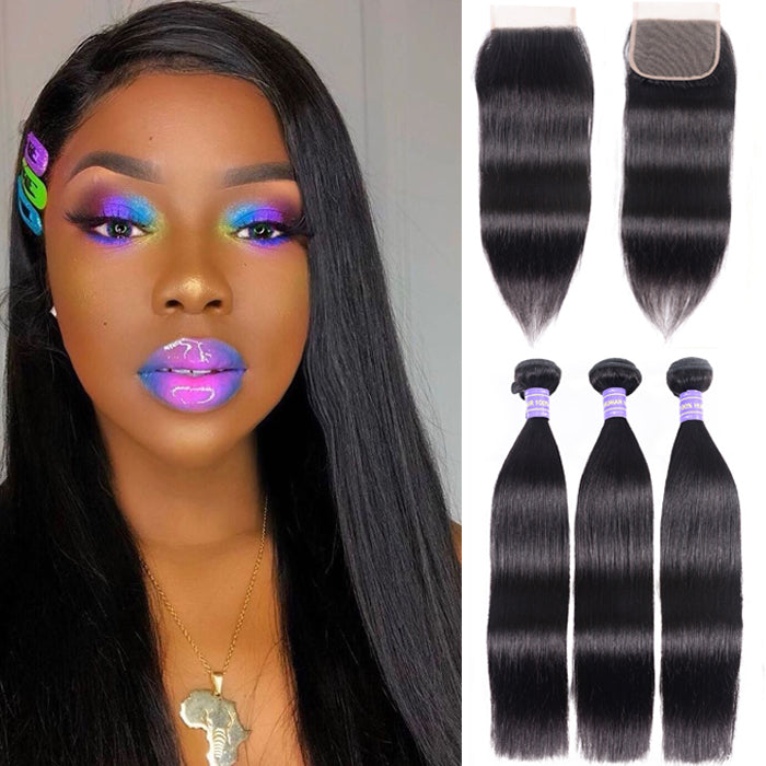 15A Silky Straight Hair 3 Bundles Remy Human Hair with 4x4 Swiss Lace Closure