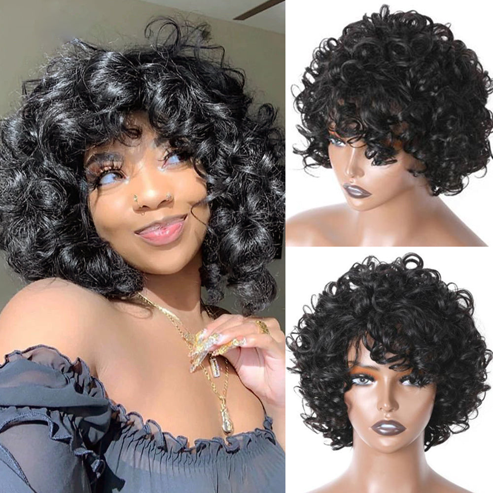 Fluffy Curls Short Human Hair Wigs with Bangs Glueless Pixie Cuts Wigs