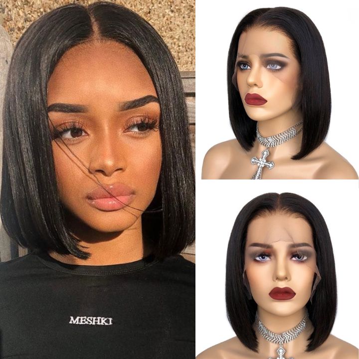 Short Straight Glueless 12" Lace Front Bob Wig Natural Black Pre Plucked Human Hair Bob Wigs