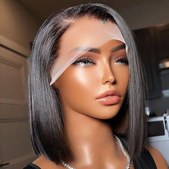 Short Straight Glueless 12" Lace Front Bob Wig Natural Black Pre Plucked Human Hair Bob Wigs