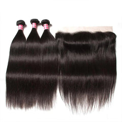 Remy Human Hair Brazilian Straight Hair 3 Bundles with 13X4 Frontal Lace Closure