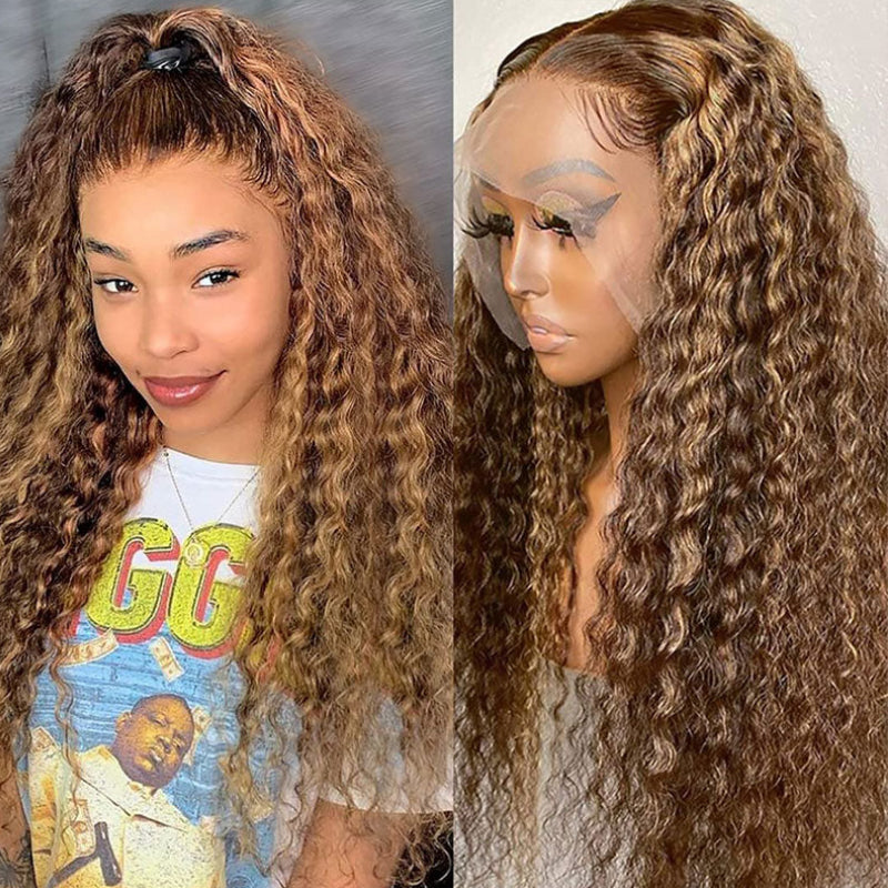 Honey Blonde Highlight Piano 13x4 Lace Front Wig With Deep Wave Human Hair Wig