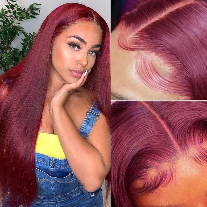 99J Hand Tied Hair Line Lace Part Wig Long Straight Burgundy Red Human Hair Wigs