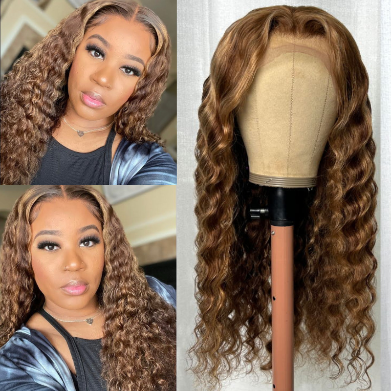 Honey Blonde Highlight Piano 13x4 Lace Front Wig With Deep Wave Human Hair Wig