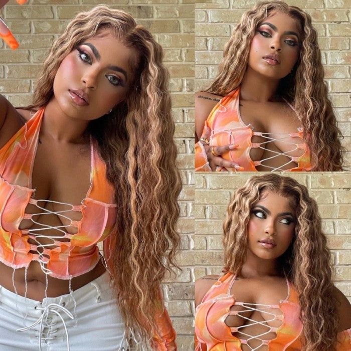 Honey Blonde Highlight Piano 13x4 Lace Front Wig With Deep Wave Human Hair Wig