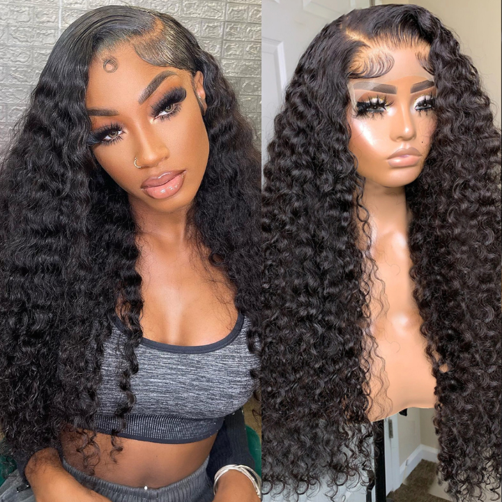 Front Deep Wave 13x4 Transparent Lace Front Natural Black Human Hair Wig