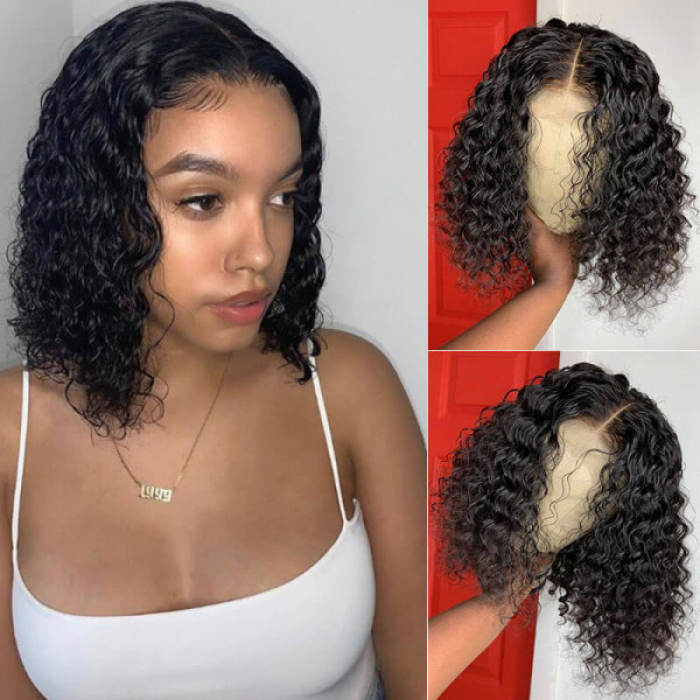 Water Wave Curl Short Bob Wig 4X4 Lace Closure Wig Human Hair 15A 200% Density