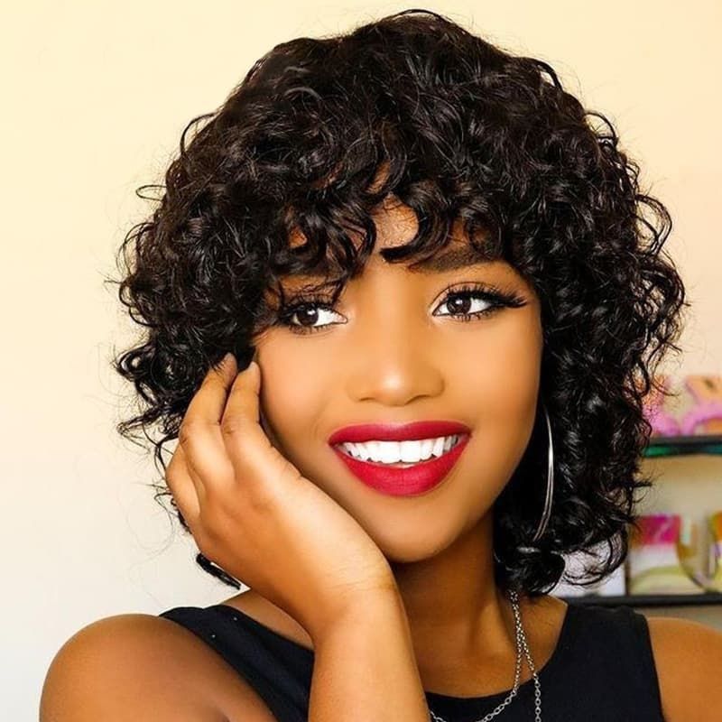 Fringe Curly Bob Natural Black Color Wig