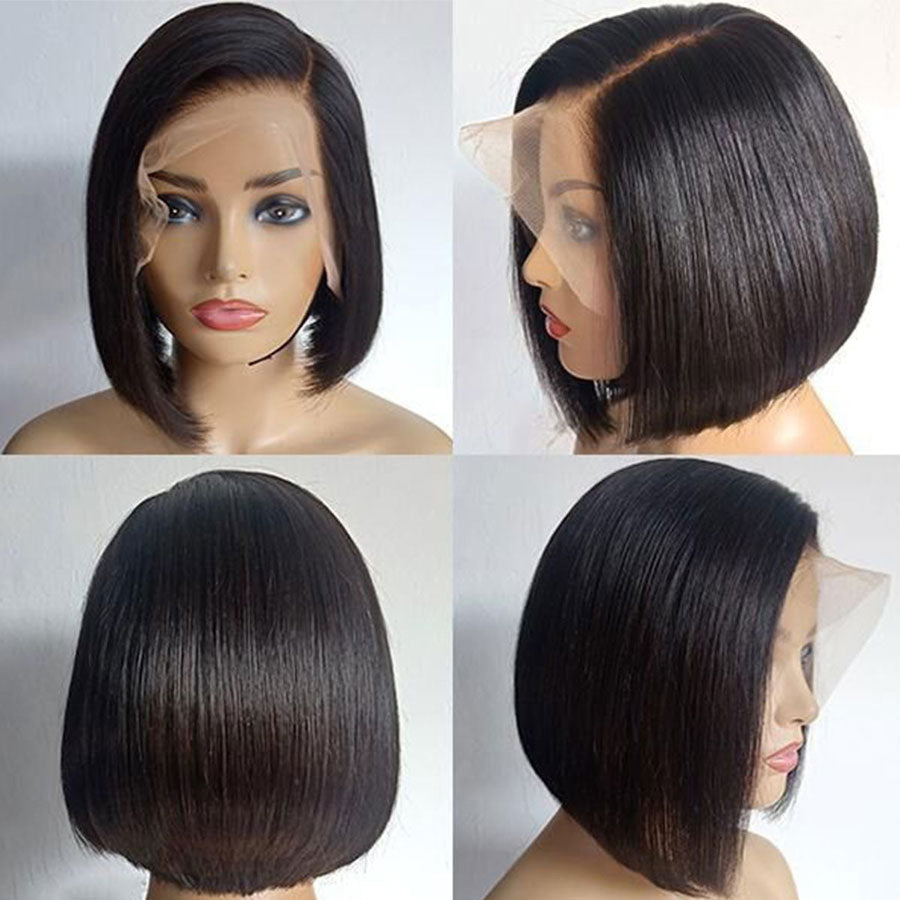 Short Straight Lace Bob Wig Natural Black Pre Plucked With Baby Hair Human Hair Wig