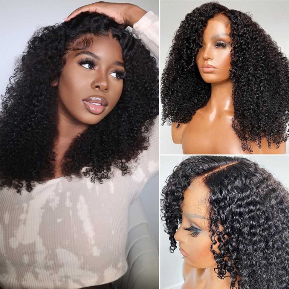 Kinky Curly Hair Lace Closure Wig 200% Density Kinky Lace Part Wigs 100% Virgin Hair