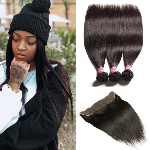 Remy Human Hair Brazilian Straight Hair 3 Bundles with 13X4 Frontal Lace Closure