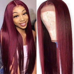 Silk Straight 99J Human Hair 13x4 Frontal Lace Wigs Hand Tied Lace Part Wigs For Woman