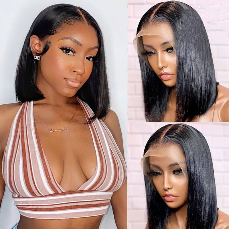 Short Straight Lace Frontal 13x4 Bob Wigs Pre Plucked Glueless Real Human Hair Wig