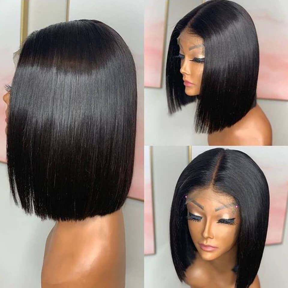 Short Straight Bob Wig  Part Lace Front Wig Virgin Human Hair 150% Density