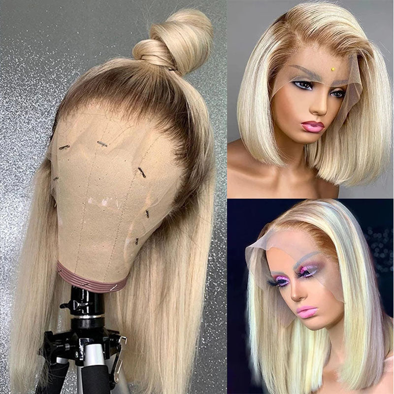 Blonde 13x4 Lace Front Straight Bob Wig With Dark Roots Human Hair Wig