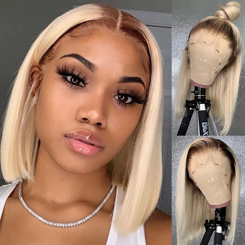 Blonde 13x4 Lace Front Straight Bob Wig With Dark Roots Human Hair Wig