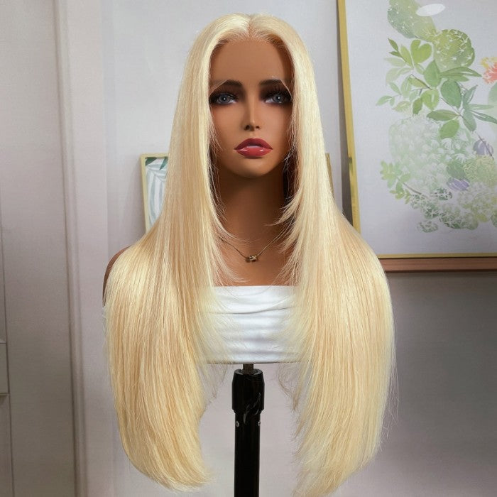 Layered Haircut 613 Blonde 13x4 Lace Front Wig Silky Straight Human Hair Wig