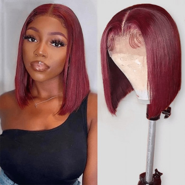 99J Burgundy Color Lace 13x4 Front Wig Blunt Cut Bob Human Hair Wigs