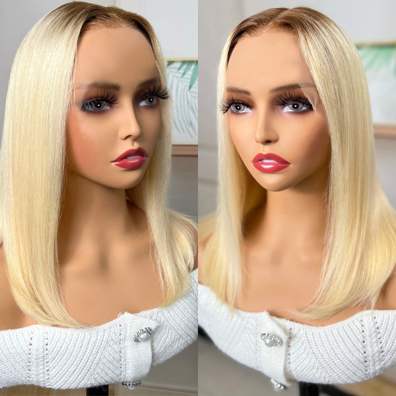 Blonde 13x4 Lace Front Straight Bob Wig With Dark Roots Human Hair Wig