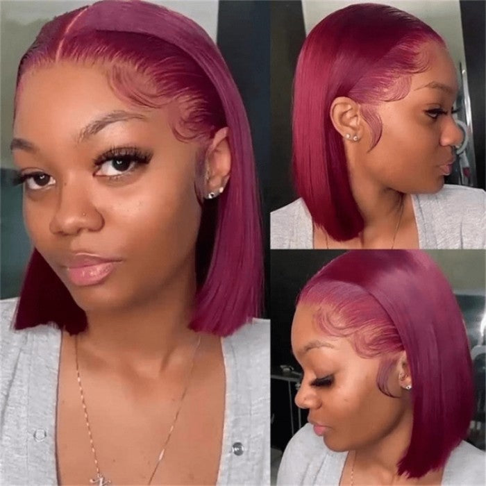 99J Burgundy Color Lace 13x4 Front Wig Blunt Cut Bob Human Hair Wigs