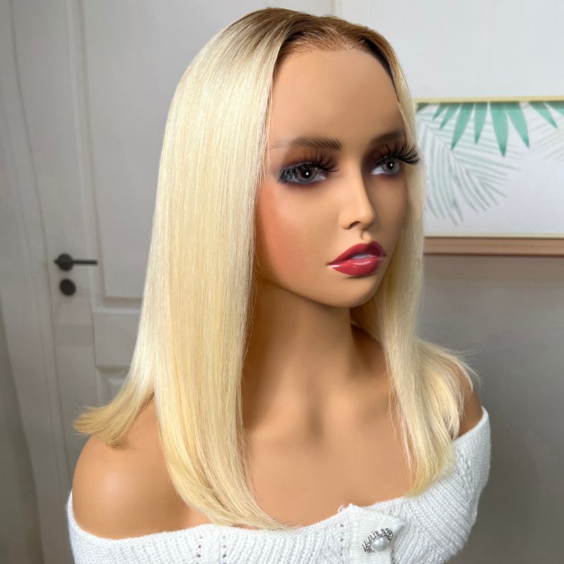 Blonde 13x4 Lace Front Straight Bob Wig With Dark Roots Human Hair Wig