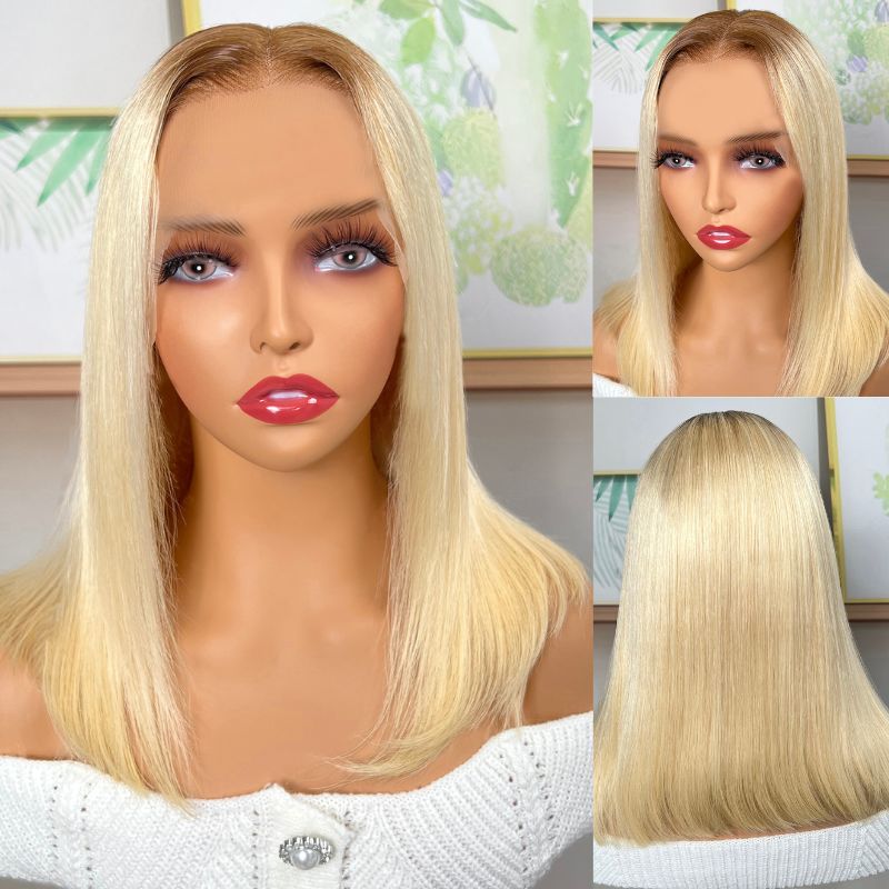 Blonde 13x4 Lace Front Straight Bob Wig With Dark Roots Human Hair Wig