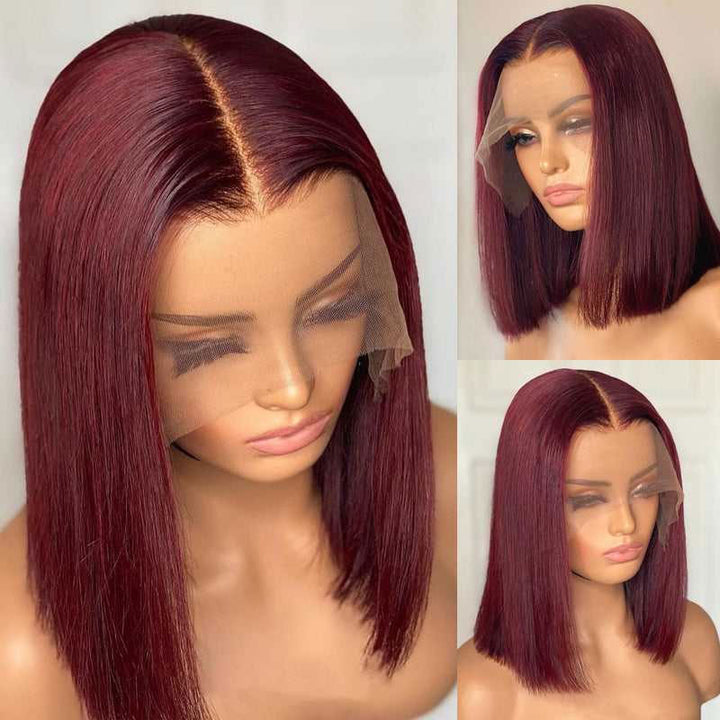 99J Burgundy Color Lace 13x4 Front Wig Blunt Cut Bob Human Hair Wigs