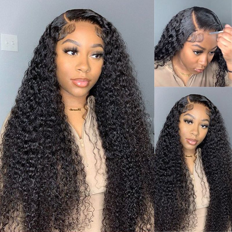 Afro Kinky Curly 4x4 Transparent Lace Closure Wig 180% Density Glueless Human Hair Wig