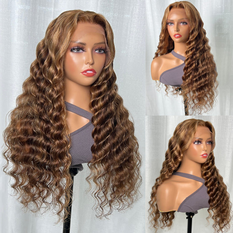 Honey Blonde Highlight Piano 13x4 Lace Front Wig With Deep Wave Human Hair Wig