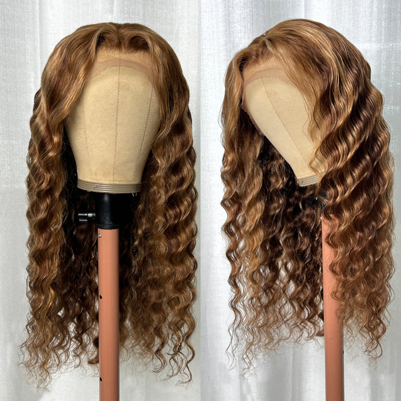 Honey Blonde Highlight Piano 13x4 Lace Front Wig With Deep Wave Human Hair Wig