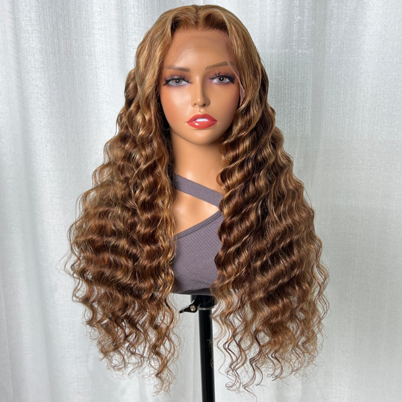 Honey Blonde Highlight Piano 13x4 Lace Front Wig With Deep Wave Human Hair Wig